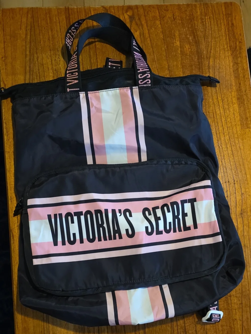 Victoria's Secret Black Backpack with Pink & White Stripes